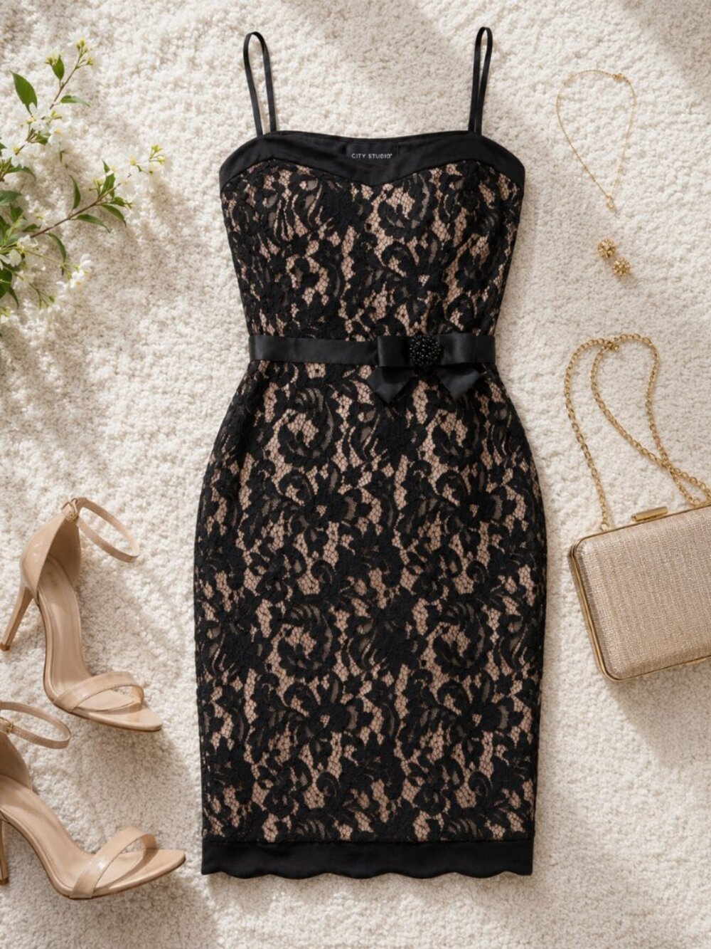 City Studio | Dresses | City Studio Black Nude Floral Lace Bow Bodycon Dress Size 3 Nwt